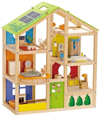 Hape houten poppenhuis All Season - Gemeubileerd speelhuis met 6 kamers-2