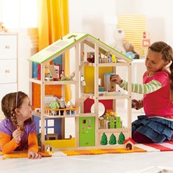 Hape houten poppenhuis All Season - Gemeubileerd speelhuis met 6 kamers