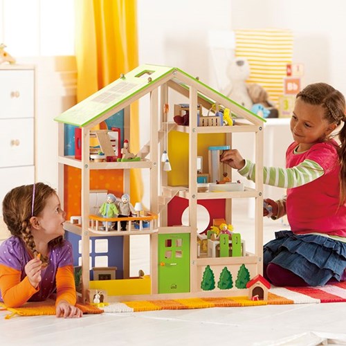 Hape houten poppenhuis All Season - Gemeubileerd speelhuis met 6 kamers