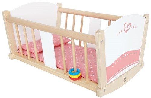 Hape poppenwiegje houten speelgoed wiegje voor babypop wit roze-2