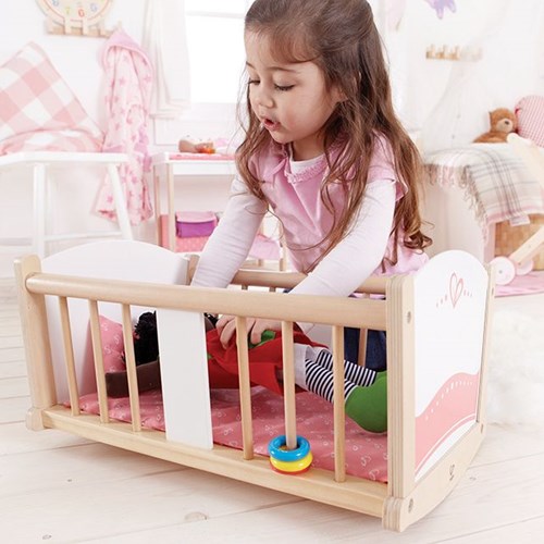 Hape poppenwiegje houten speelgoed wiegje voor babypop wit roze