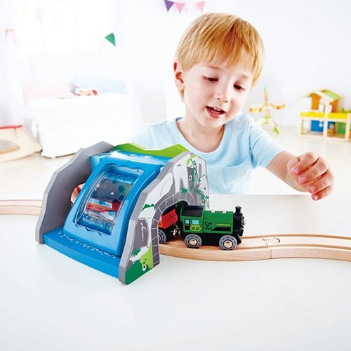 Hape circuit train tunnel cascade - jouet en bois - multicolore