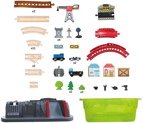 Hape circuit de train en bois set de construction dans seau - jouet train