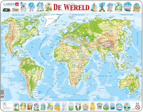 Larsen legpuzzel wereldkaart educatief - 80 stukjes karton