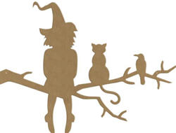 Gomille décoration Halloween branche MDF avec sorcière, chat et corbeau 49x36 cm