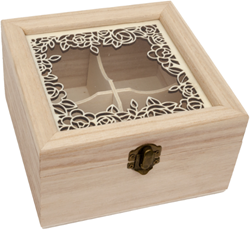 Hobbygroep boîte de rangement en bois avec 4 compartiments et couvercle en verre 16,5x16,5x9 cm