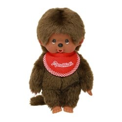 Monchhichi knuffelpop jongen bruin met rood slabbetje 20cm pluche