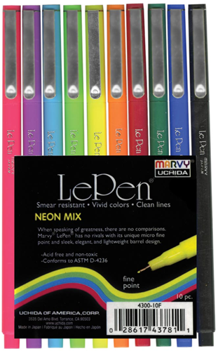 Marvy Uchida fineliner set neon kleuren 0,3mm 10 stuks etui