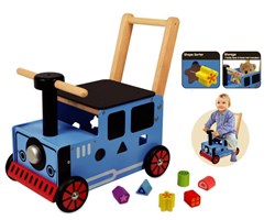 I'm Toy houten loopwagen trein blauw - duwwagen met vormenstoof
