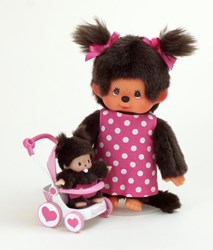 Monchhichi knuffelpop moeder met buggy - 20 cm pop speelgoed