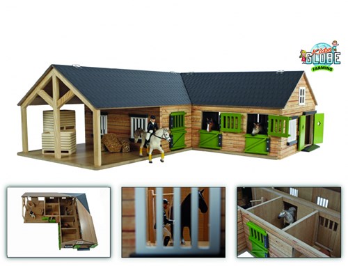 Kids GLOBE paardenstal houten speelgoed 1:24 met 3 boxen en berging