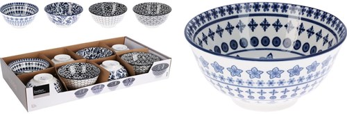 Excellent Houseware porseleinen schaal blauw-wit Ø15,5xH7cm servies