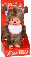Poupée Monchhichi fille peluche bavoir rose tresses 20 cm doudou