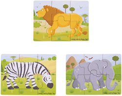 BigJigs Safari dierenpuzzel - houten speelgoed puzzelset 3x6 stukjes