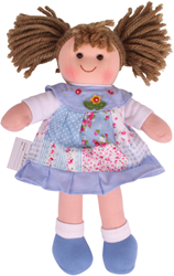 BigJigs pop Sarah - stoffen pop blauw patchwork jurkje