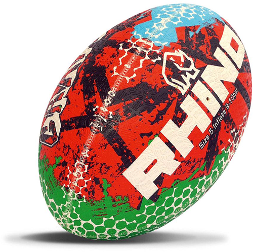 Rhino rugbybal Graffiti rood/blauw/groen maat 5 gerecycled grip