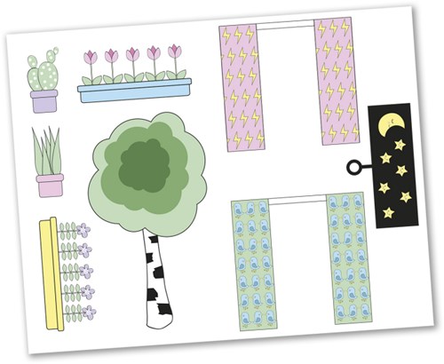 Lundby poppenhuis stickervel - creatieve accessoires gordijn & bloem