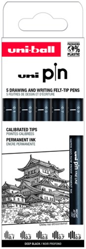 Uni-ball fineliner set - 5 stuks zwart - technische tekenpennen