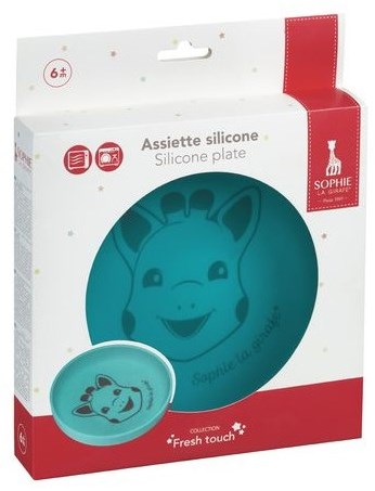 Vulli assiette enfant silicone Sophie la girafe bleu antidérapante incassable